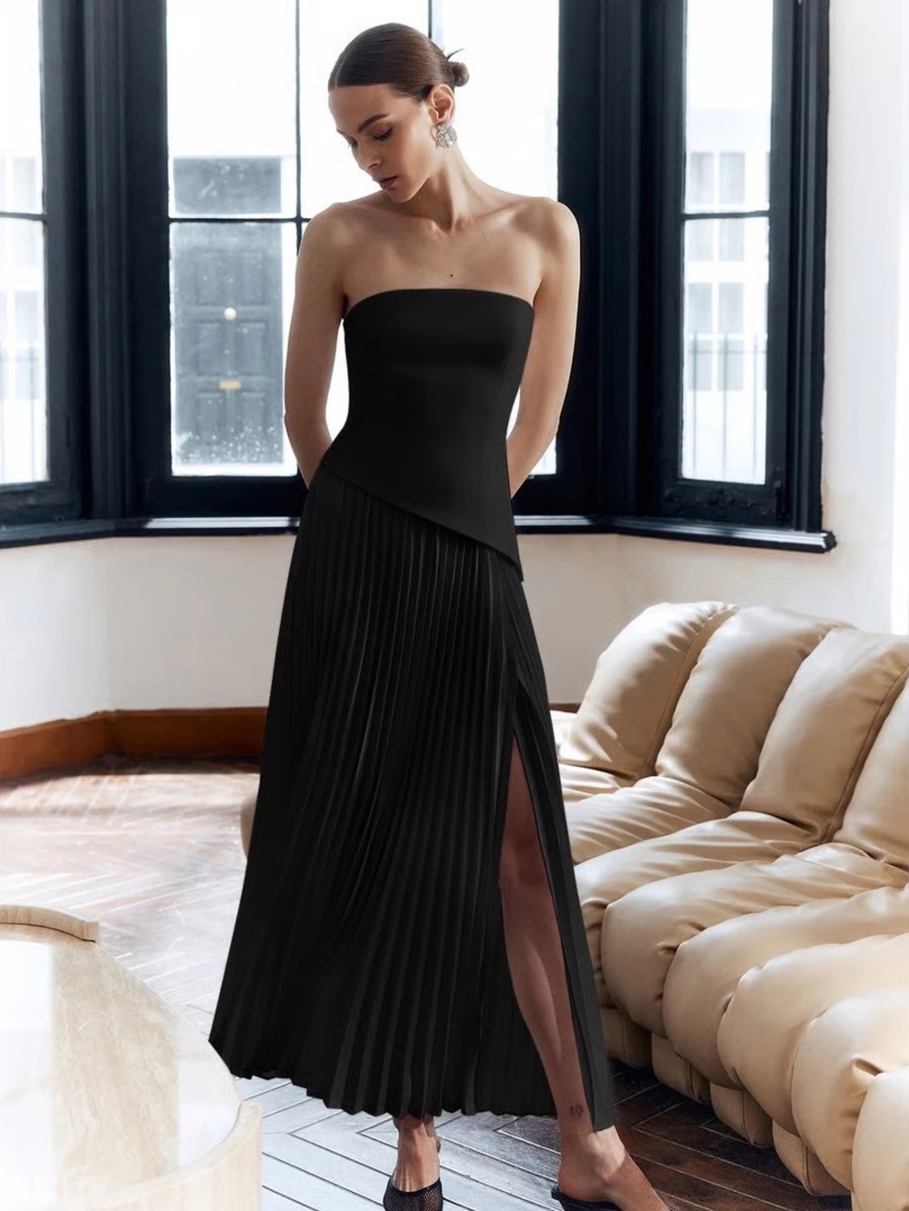 Commense Solid Pleated Strapless Split Dress in Black - Size XS